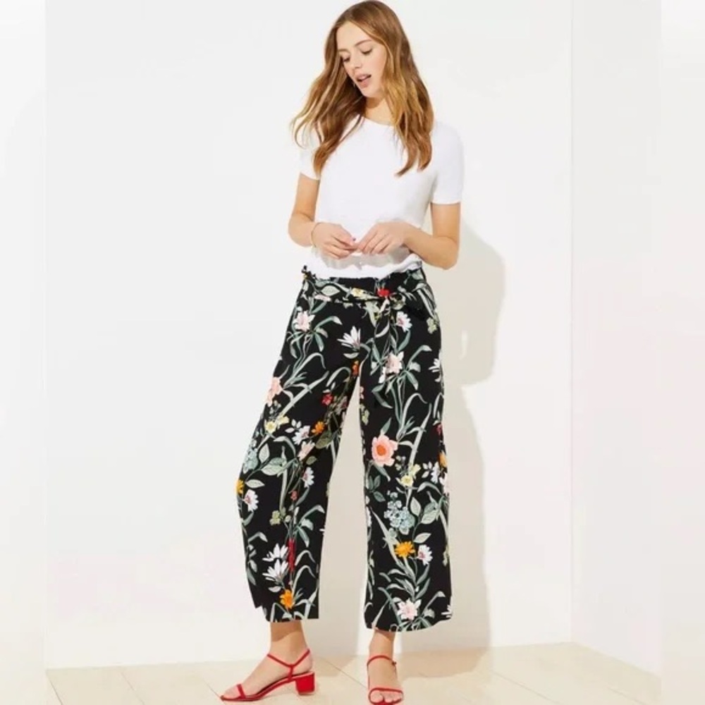 LOFT Floral Black Wide-Leg Pants